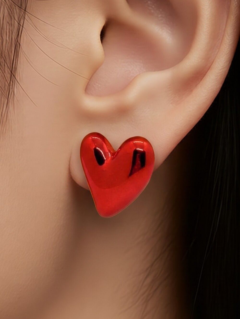 Puffy Red Metallic Chrome Heart Stud Earrings Valentine’s Day Soft Girl Jewelry